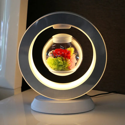 Magnetic levitation eternal rose lamp with rotating 15cm flower sphere above white base