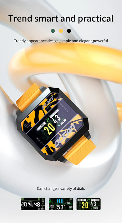 Smart sports watch with 0.96 inch touch screen, silicone strap, PC ABS case, available in black green orange