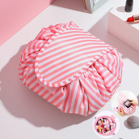 Stylish and roomy makeup travel bag with multiple color options, featuring a spacious interior and drawstring closure for secure storage of beauty essentials.