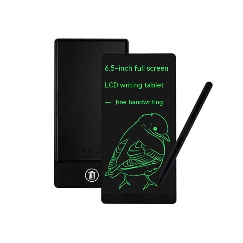 Blue student LCD handwriting tablet with stylus on a 6.5 inch screen for writing and arithmetic practice.