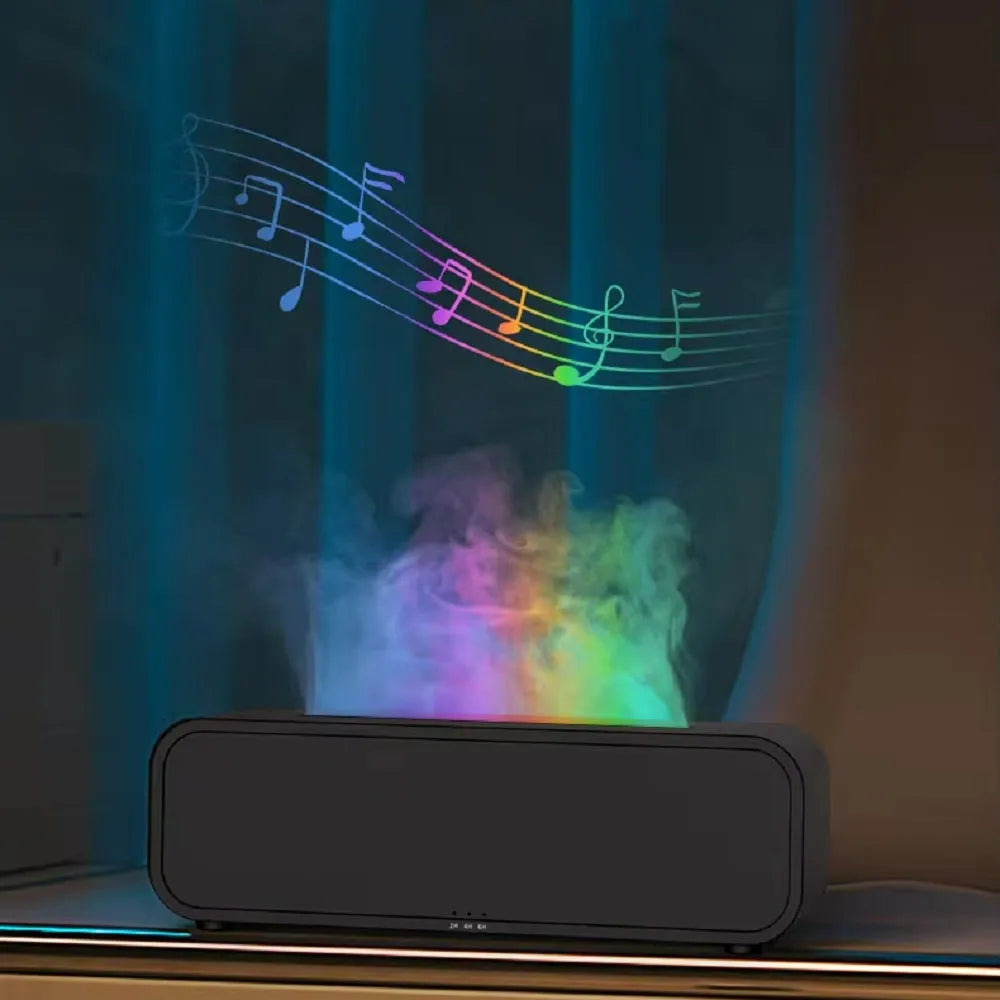 Black and white USB aroma diffuser with remote control showing flame dynamic and colour-changing light effects.