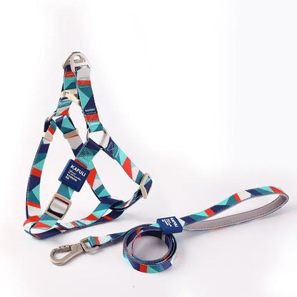 Blue polyester dog haulage vest with integrated leash set on a model, showing the chest strap and traction rope.