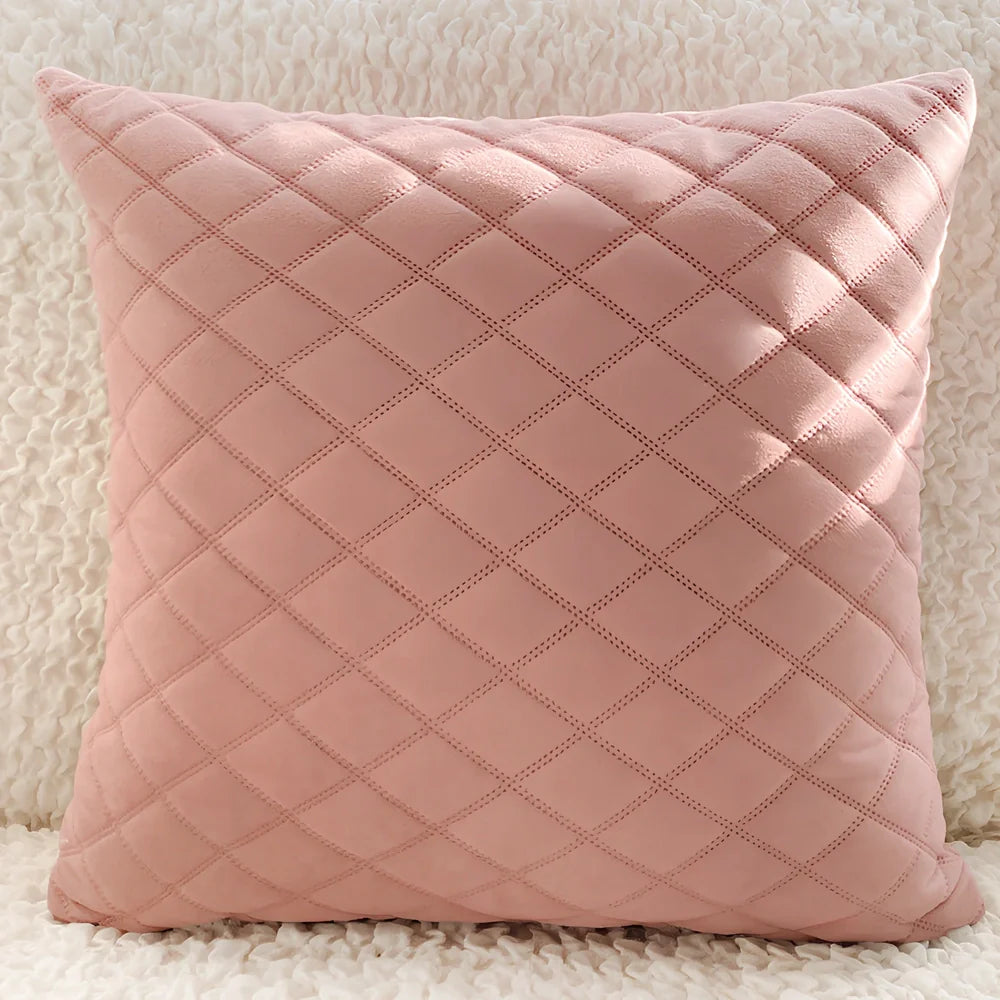 45cm square velvet cushion in Gentleman's Grid colour with PP cotton filler on grey sofa