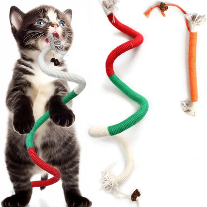A 70cm long cotton string cat bite rope toy in three colour options: purple, orange, and red with green.