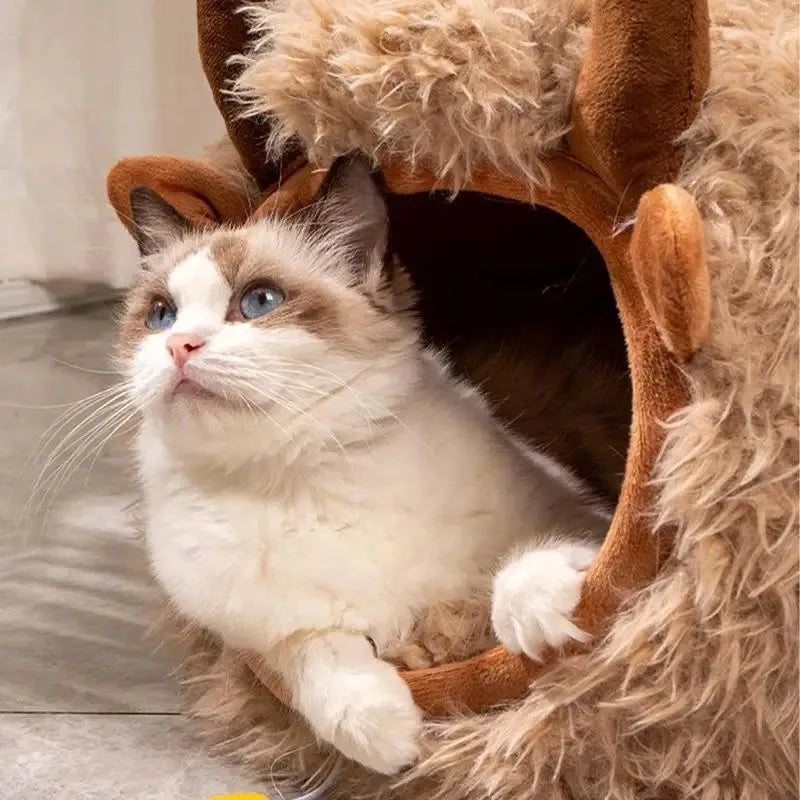 Cat Cave Yak Shaped Warm Pet Bed Semi-Enclosed Indoor Cat Nest Dog Tent Bed With Cover 45x40x40cm Brown For Indoor And Outdoor Play