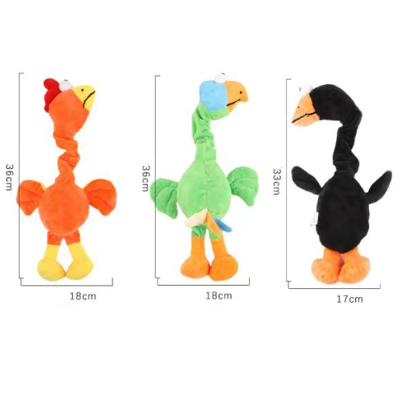 Screaming chicken sound dog chew toy in black, green and orange colours