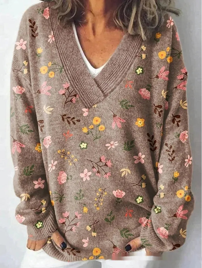 Women's V-neck sweatshirt with a detailed 3D floral pattern print in art retro style.