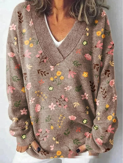Women's V-neck sweatshirt with a detailed 3D floral pattern print in art retro style.