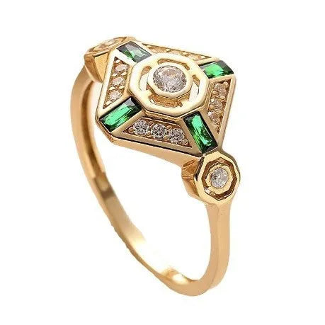 Square geometric gemstone ring with electroplated finish in lvzuan colour, shown on a model's hand.