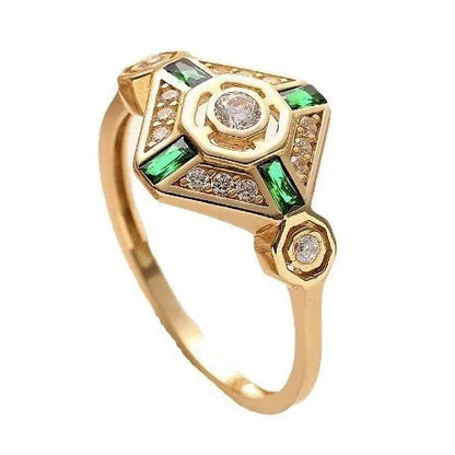 Square geometric gemstone ring with electroplated finish in lvzuan colour, shown on a model's hand.