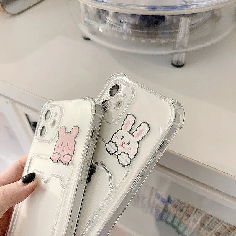 Cartoon design transparent iPhone case with card holder slots showing 2 cards stored
