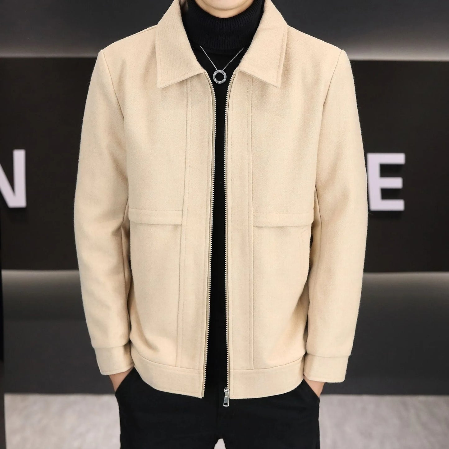 Men's khaki casual jacket with polo collar and side seam pockets