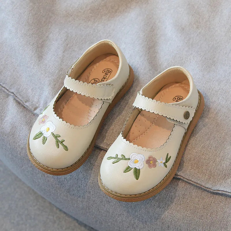 Girls' Leather Shoes with Embroidery, Two-Layer Cowhide Upper, Beef Tendon Sole, Velcro Fastening, Sizes 23-34, Black Khaki or Ivory White, Princess Style Party and Everyday Wear