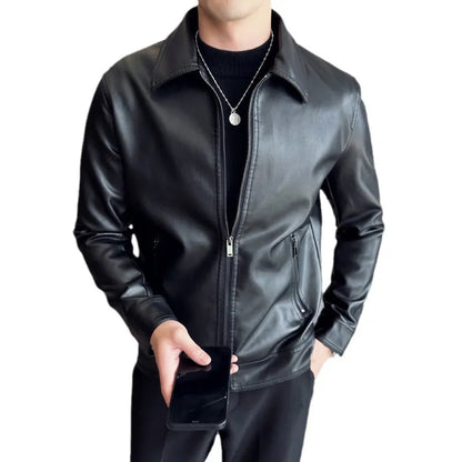 Men's black PU leather casual jacket with zipper pockets and loose fit design