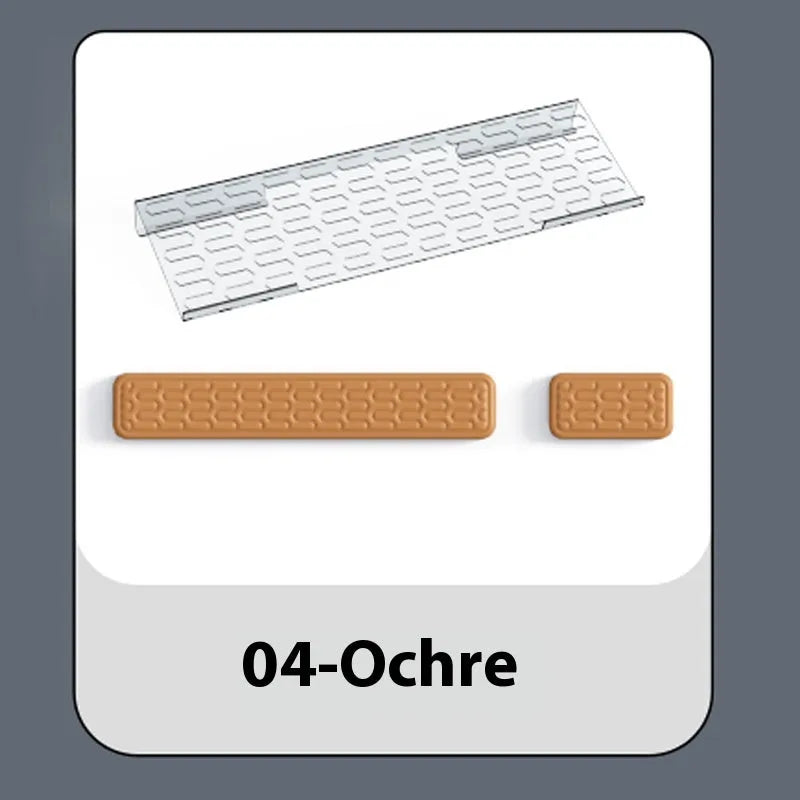 Double-sided black and grey keyboard mouse pad with wrist strap and hand pillow on a desk.