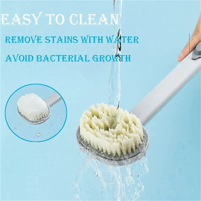 Dual-purpose shower brush with ergonomic handle and detachable head in yellow, grey, green, and pink
