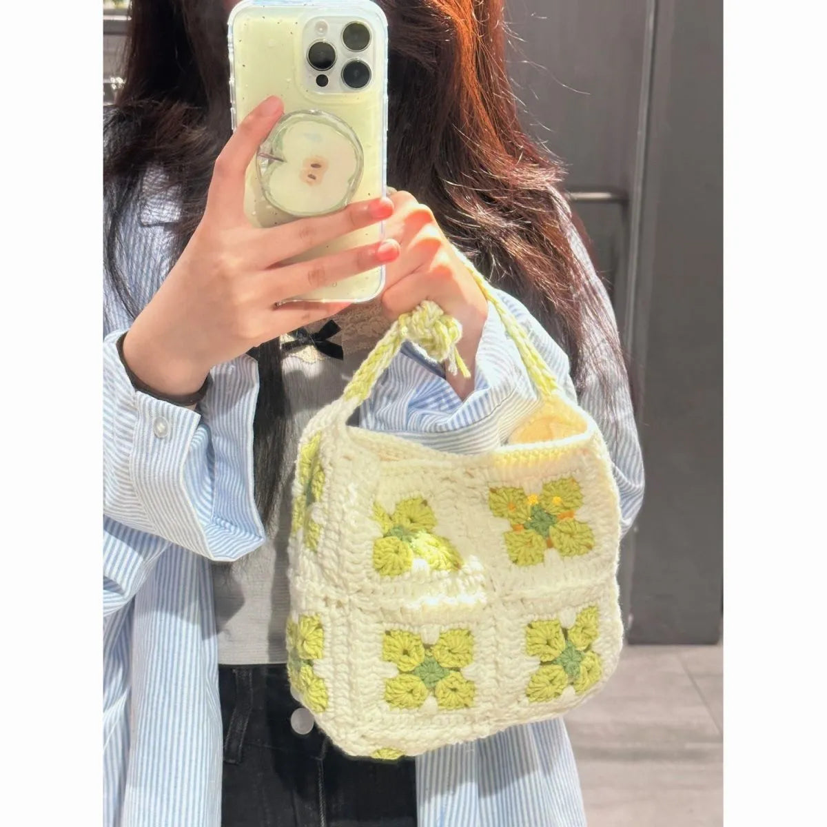Handmade crochet cherry blossom cotton handbag with magnetic closure in pink or green