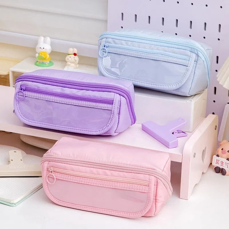 Ten-layer flip canvas pencil case showing multiple compartments in available colours