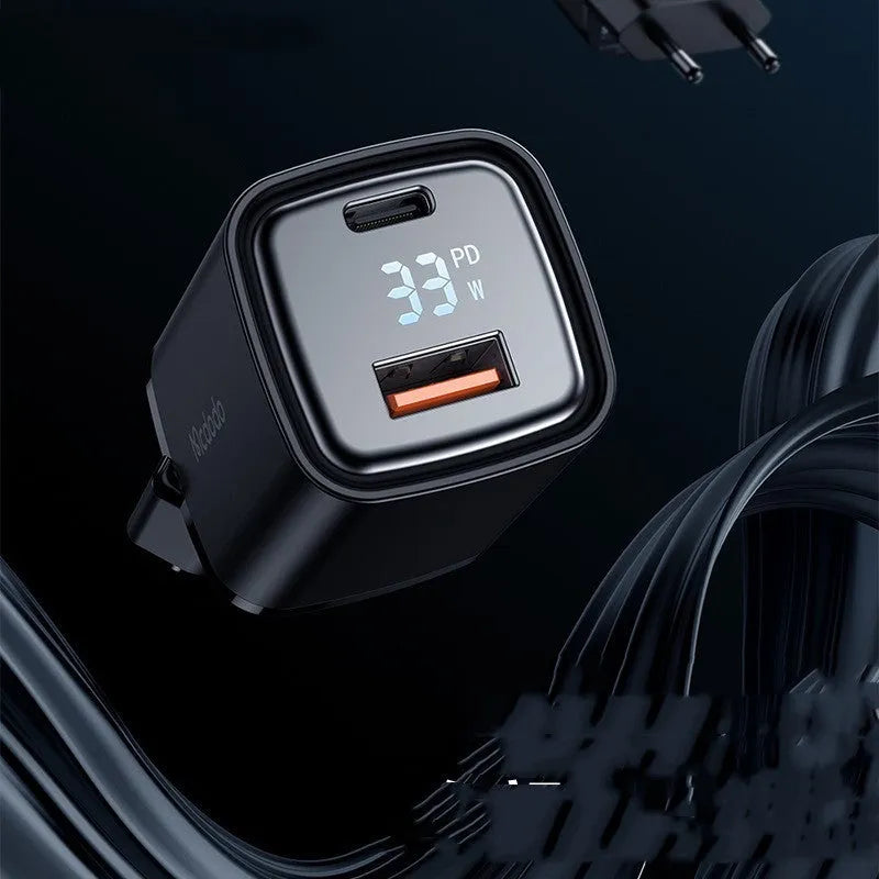 Black dual-port digital display fast charging charger, USB-A and USB-C, European standard plug, 81x33x28mm, model CH-1701