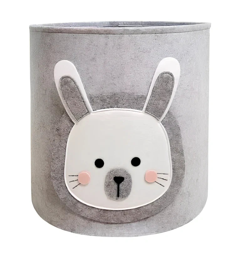 Cartoon elephant felt storage basket, 29cm diameter x 30cm height, lightweight toy organiser in grey with printed design