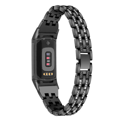 Diamond-patterned metal watch strap for Fitbit Charge 5 in rose gold colour.