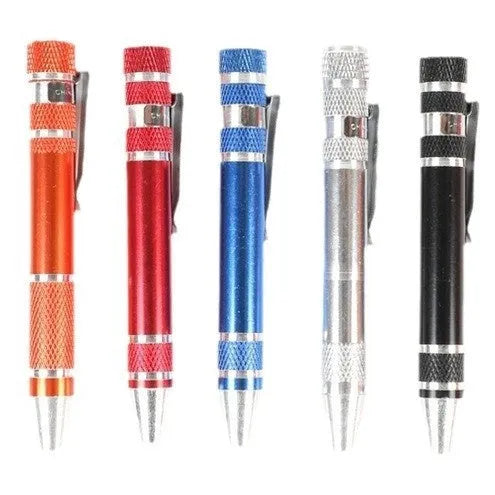 8-in-1 pen-type screwdriver set with aluminium handle and multiple coloured options on a white background.