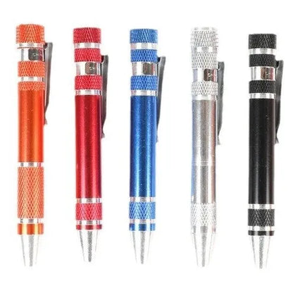 8-in-1 pen-type screwdriver set with aluminium handle and multiple coloured options on a white background.