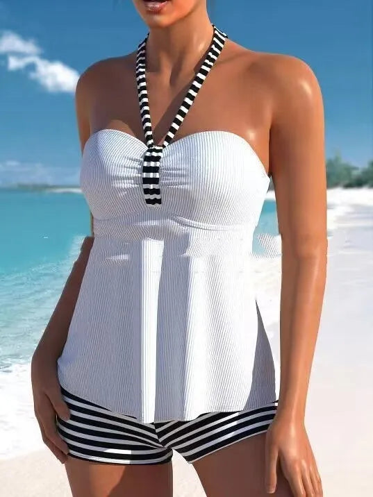 Women's black and white striped off-shoulder swimsuit with briefs style bottoms