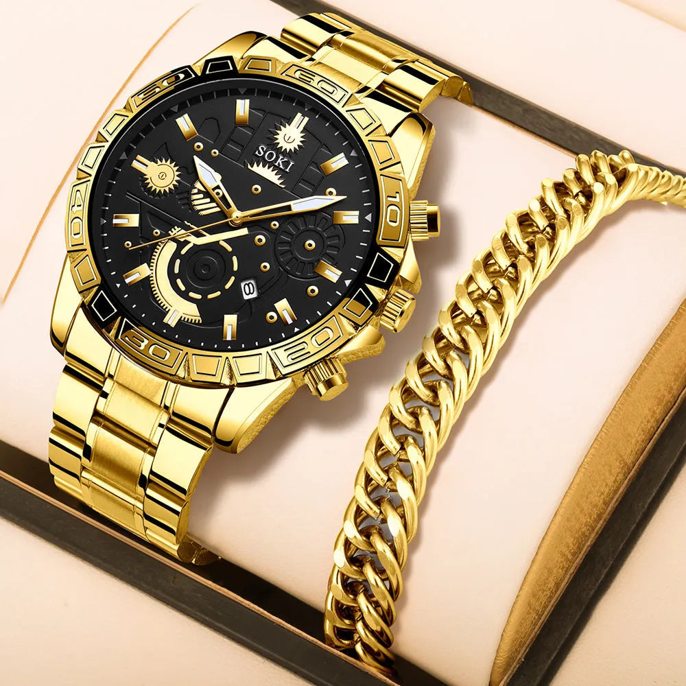 Men's gold business quartz watch with stainless steel strap showing time at 10:10, calendar window at 3 o'clock position