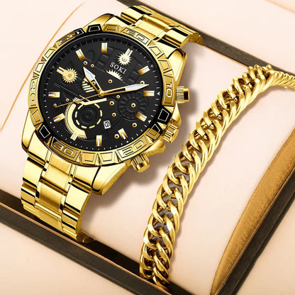 Men's gold business quartz watch with stainless steel strap showing time at 10:10, calendar window at 3 o'clock position