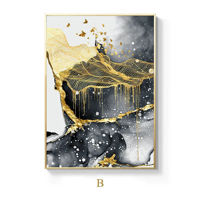 Golden black and white frameless canvas wall art painting on textured canvas