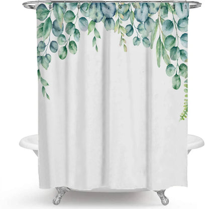 Floral plant shower curtain with Nordic green leaf pattern and colourful flowers in polyester fabric