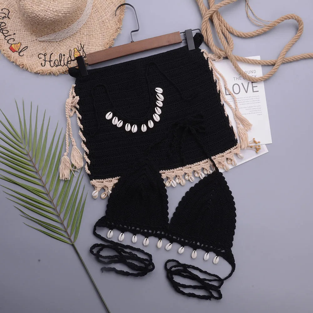 Women's handmade shell lace-up split swimsuit in cotton blend fabric with matching necklace