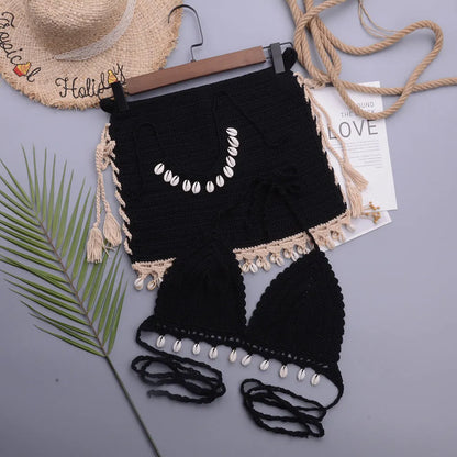 Women's handmade shell lace-up split swimsuit in cotton blend fabric with matching necklace