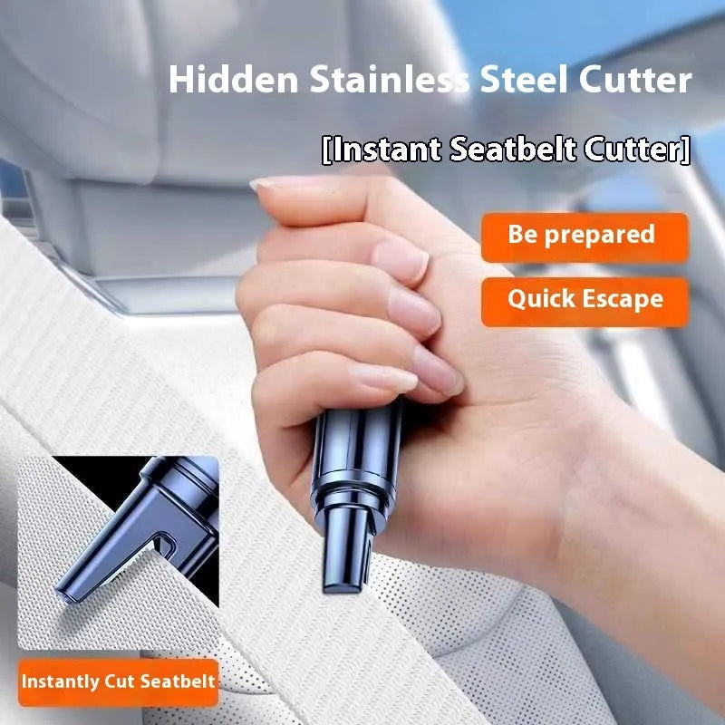 Black and red ABS plastic car safety hammer with spring-loaded window breaker and seatbelt cutter
