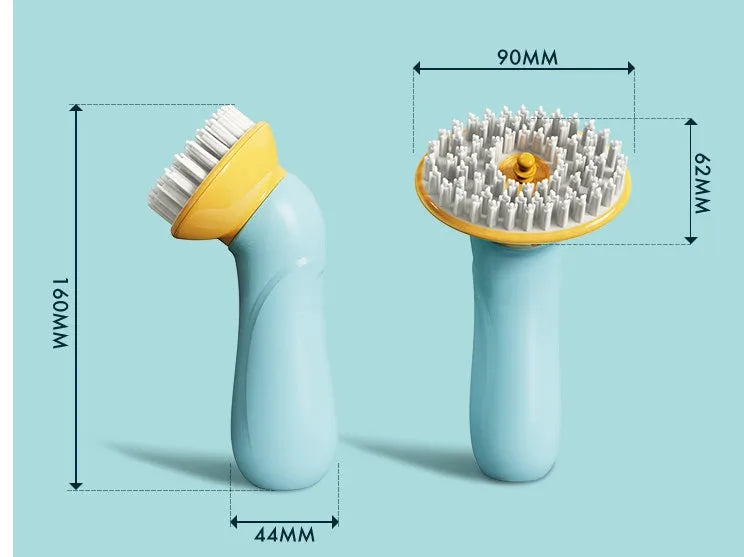 Blue hand-held pet bath brush with soft bristles for dog and cat grooming.