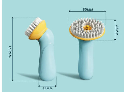 Blue hand-held pet bath brush with soft bristles for dog and cat grooming.