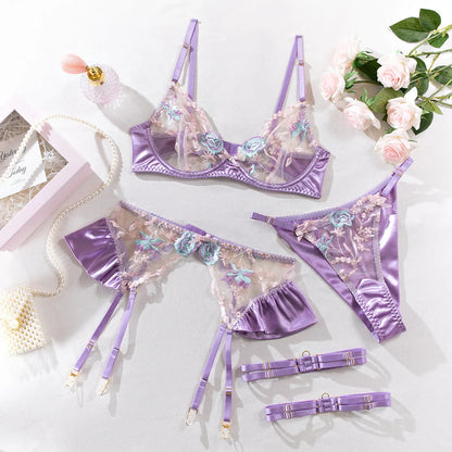 Light purple satin four-piece lingerie set with embroidery, shown with champagne colour option.