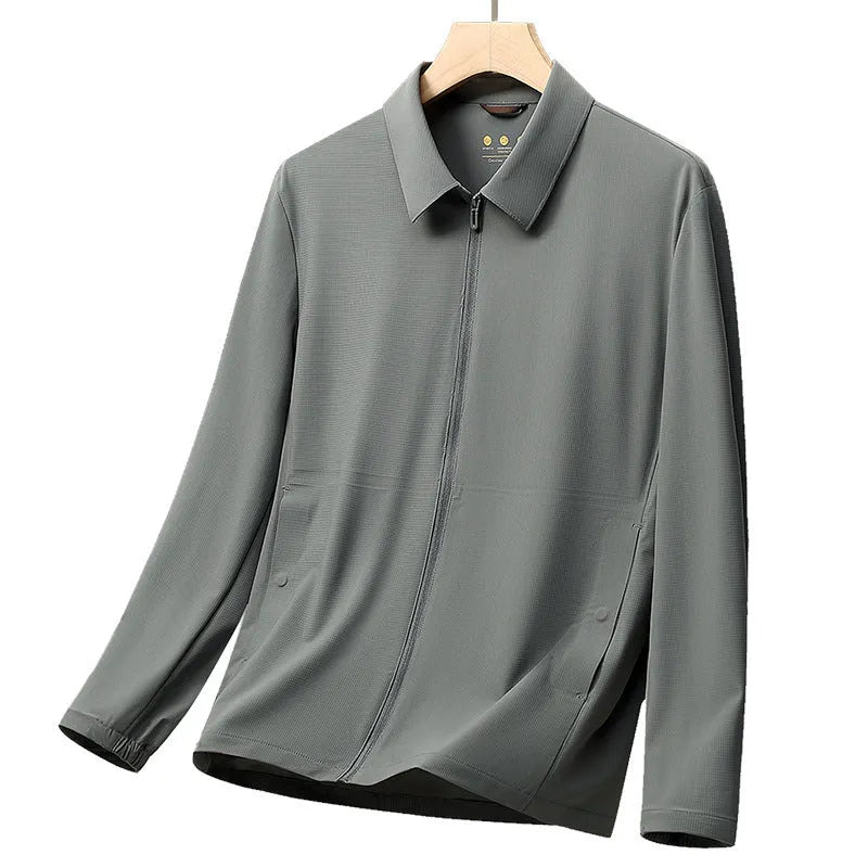 Navy blue summer business shirt with lapels made from ice silk fabric, shown on a hanger.