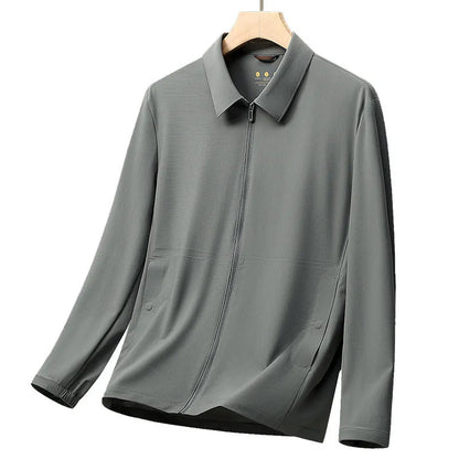 Navy blue summer business shirt with lapels made from ice silk fabric, shown on a hanger.