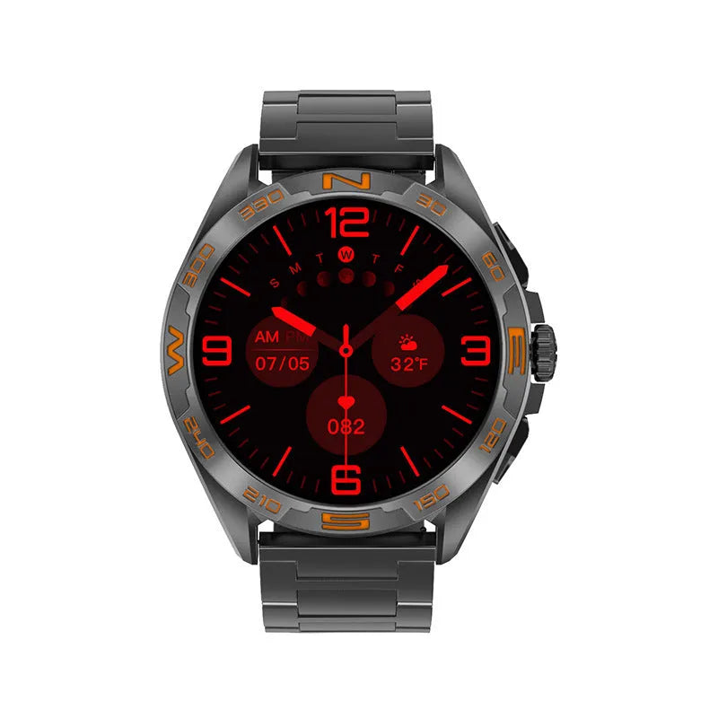 Smart watch with health monitoring display showing blood pressure, heart rate, and oxygen readings