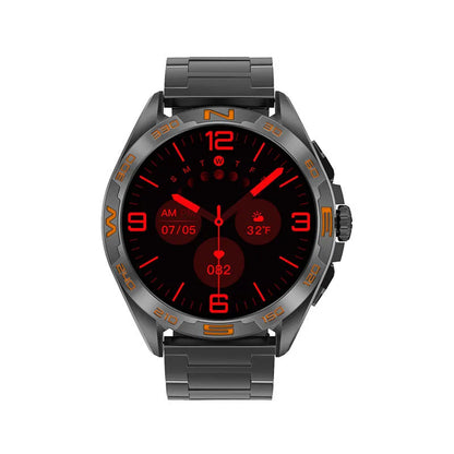 Smart watch with health monitoring display showing blood pressure, heart rate, and oxygen readings