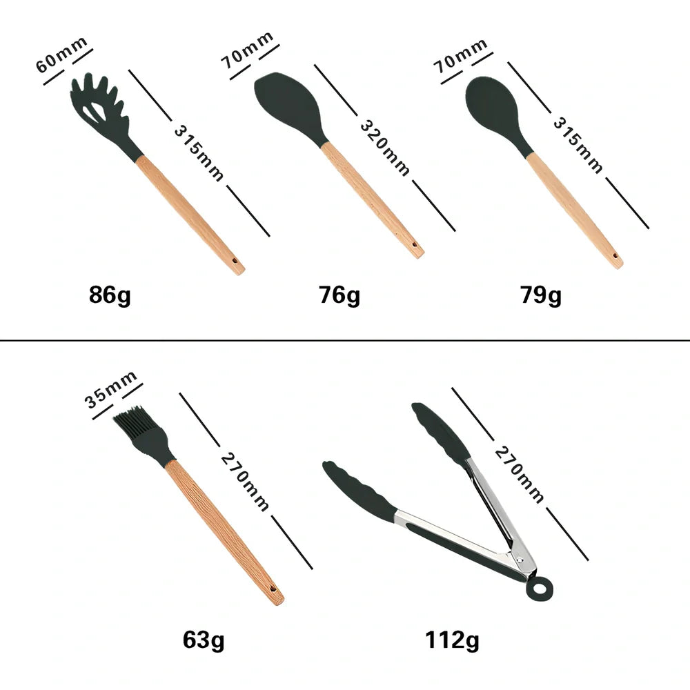 Dark grey silicone cooking utensils with wooden handles including spatula, spoon, whisk, and tongs