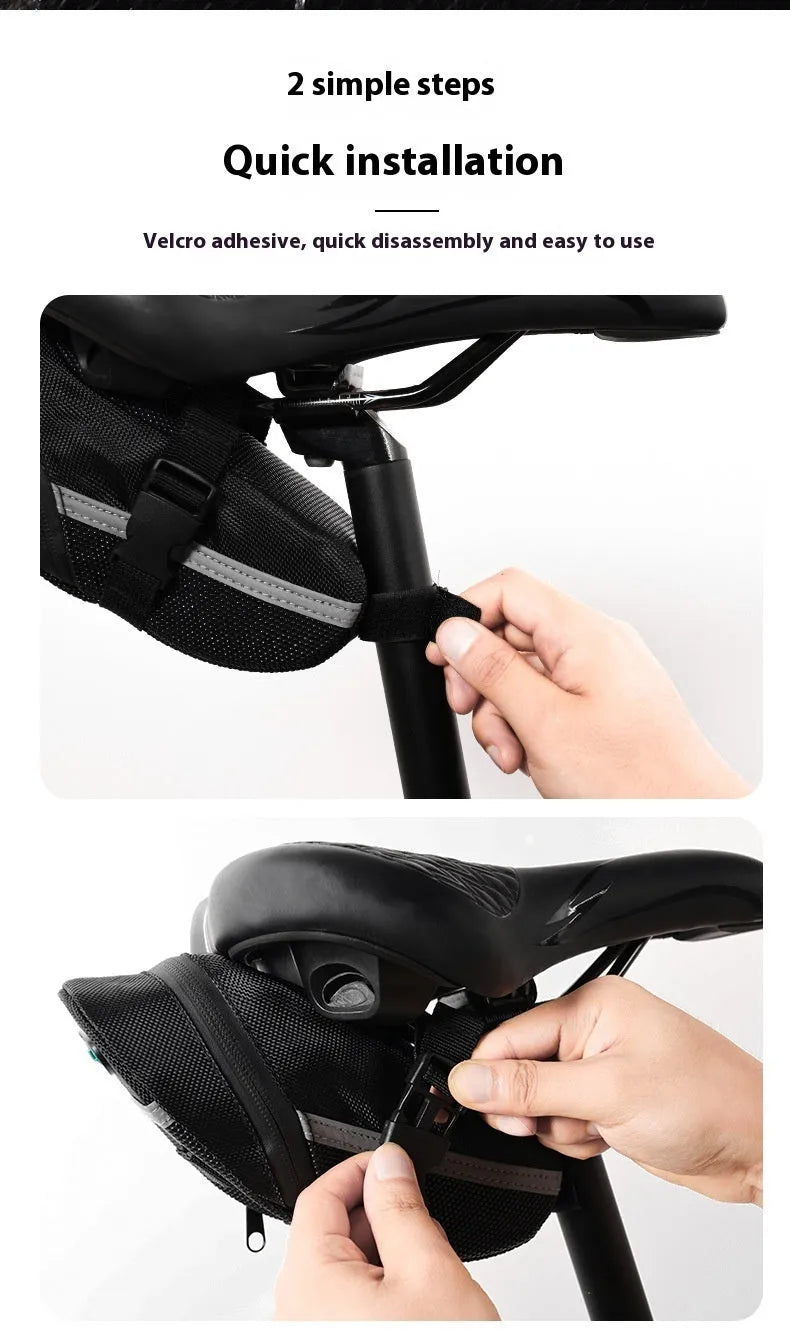Black cycling saddle bag with quick-release mount showing 20x8x6cm dimensions on bicycle