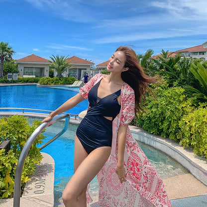 Women's one-piece swimsuit with hollow siamese design in dark blue or khaki colours