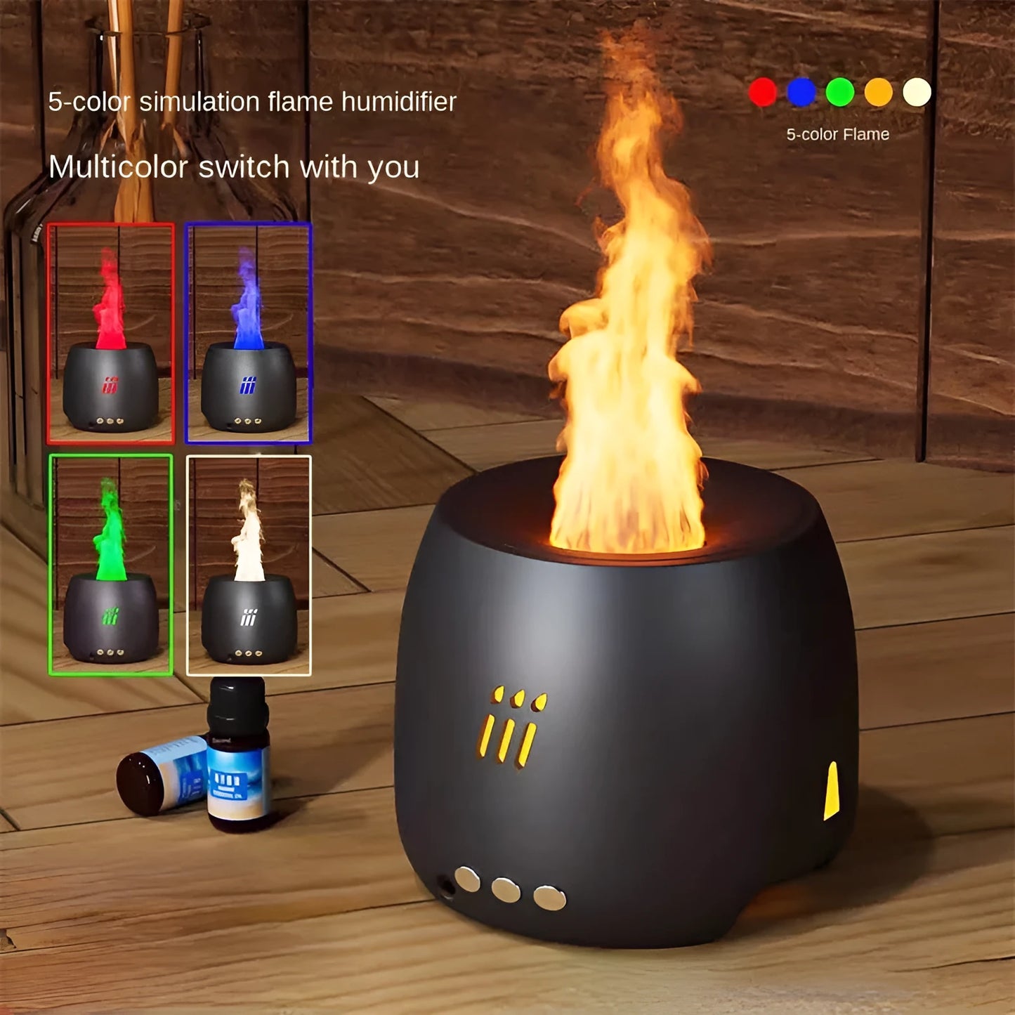 Black ultrasonic flame aroma diffuser humidifier with LED lights on a wooden table