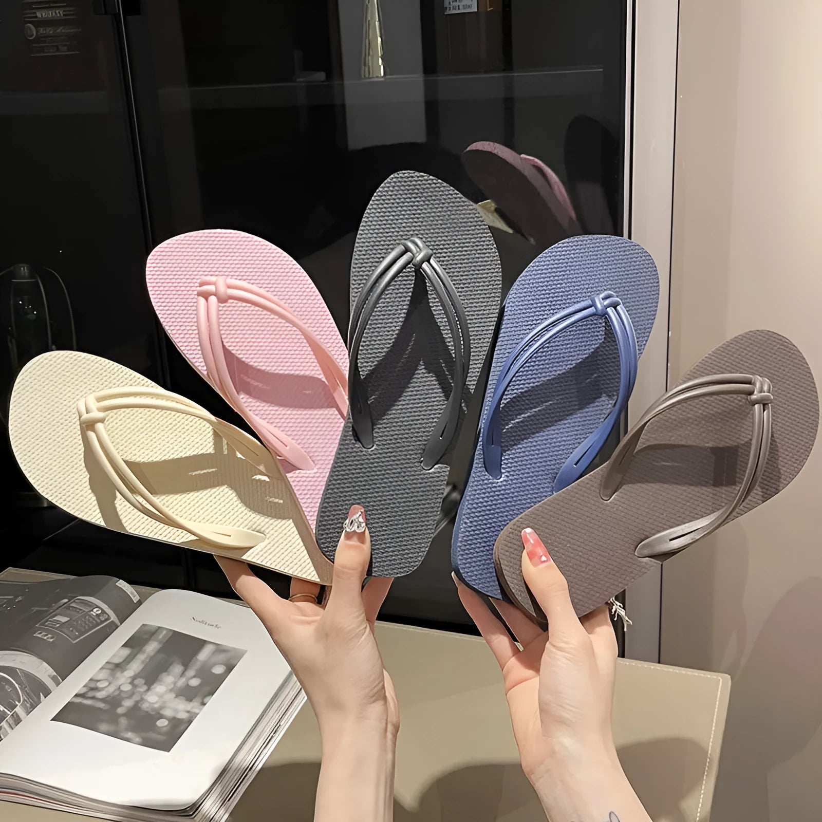 Men's PVC toe-covering flip-flop slippers on a white background, showing the injection moulded sole and available colour options.