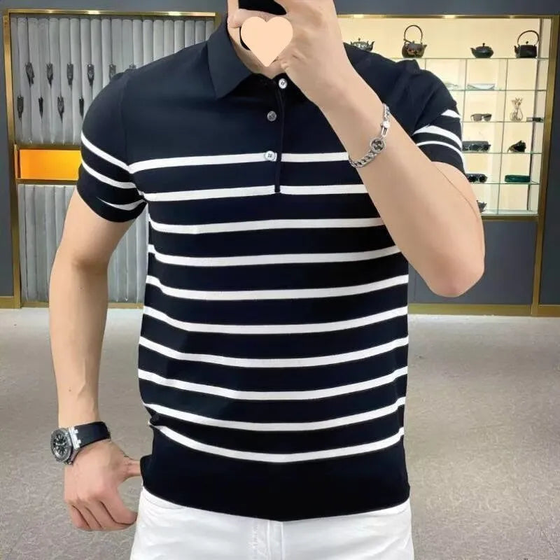 Men's black and white striped pullover T-shirt with a lapel collar detail on a crew neck.