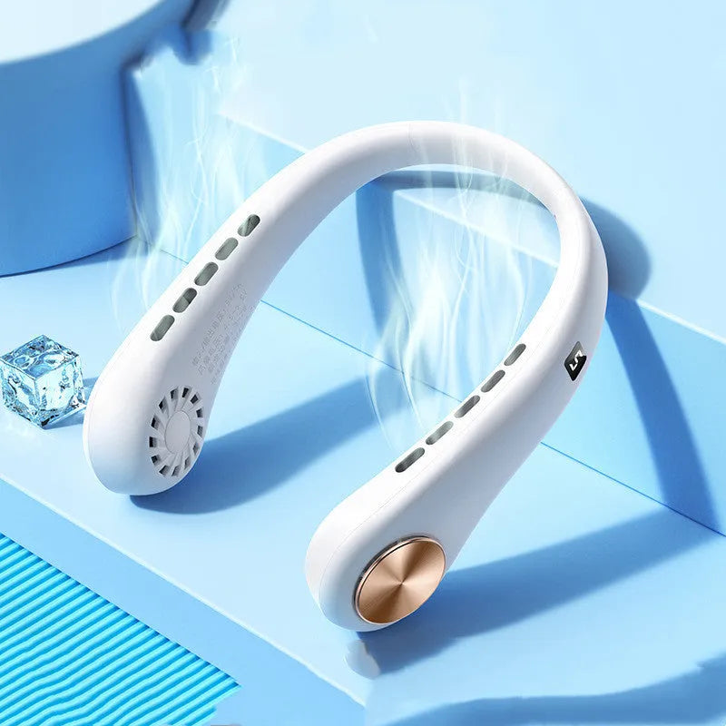 White bladeless hanging neck fan showing the annular air outlet and USB charging port.