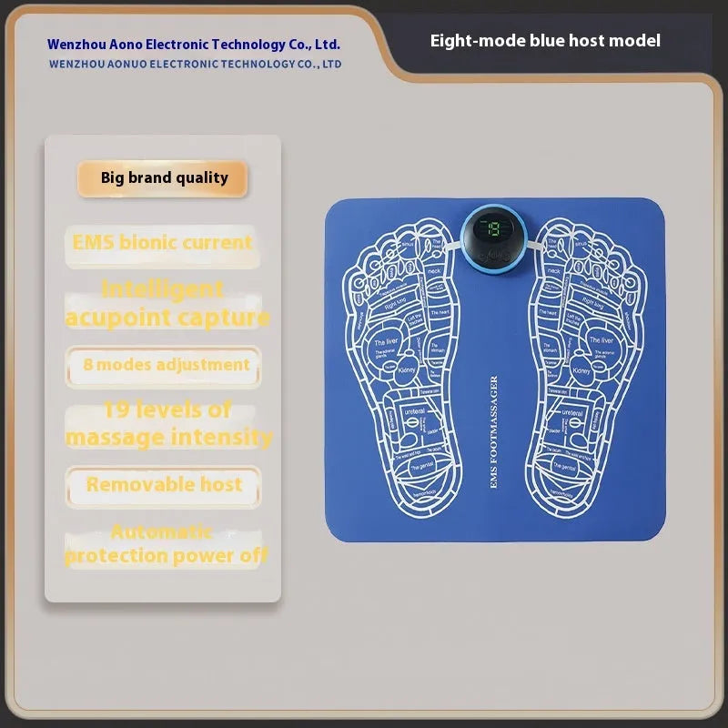 A blue rechargeable reflexology foot massager mat with a remote control on a wooden floor.